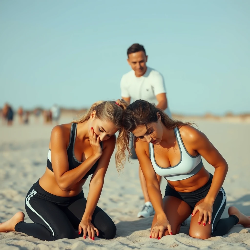 Two women in sportswear are kneeling in the sand with red-painted toenails, while a man stands behind them with his hand on both their heads.