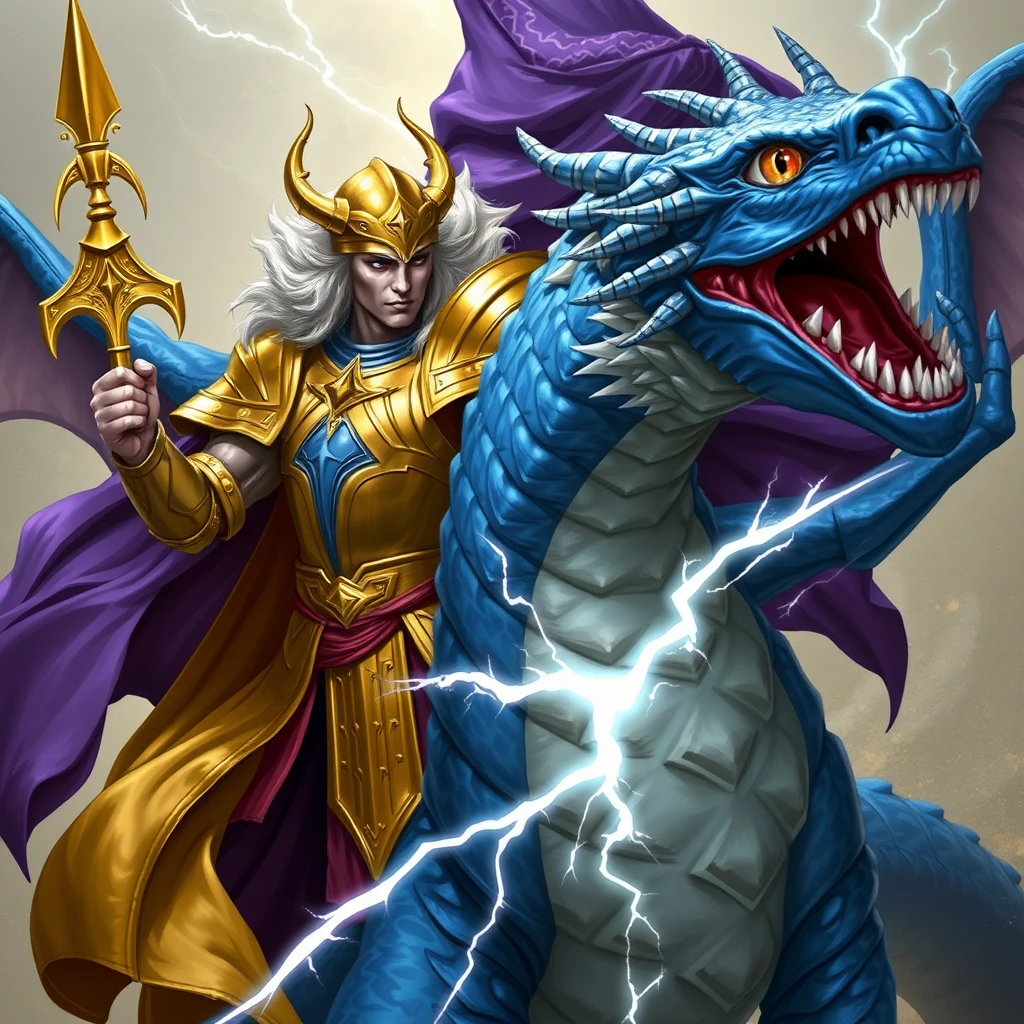 Gold and silver paladin devoted to Bahamut, the paladin doubled in size by an elf mage in a purple robe behind him, fighting a blue dragon with lightning-shaped scars across the dragon's body.