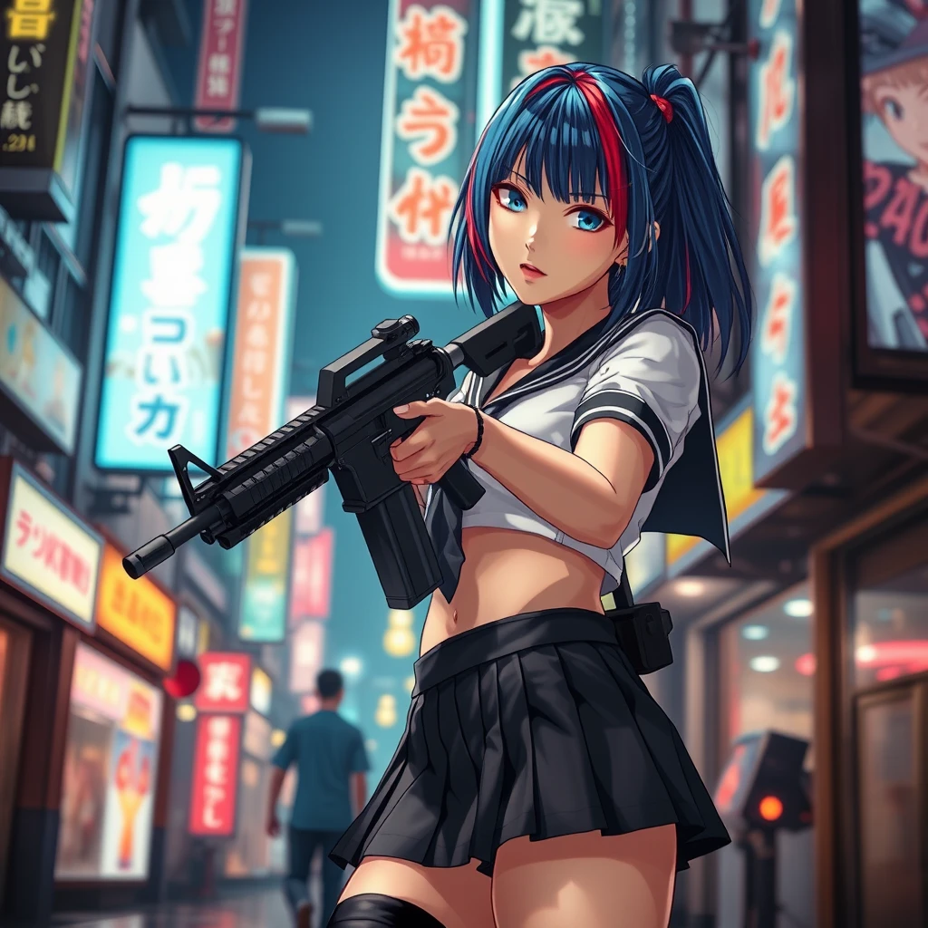 Great lighting, intricate detail, beautiful, stunning Japanese cyberpunk anime woman, 20 years old, two-tone medium length hair, blue with red streaks, bangs, wearing a short sailor blouse cropped above the navel, pierced navel, pleated miniskirt, thigh-high socks, holding an assault rifle with both hands, aiming at the viewer, on a cyberpunk street at night with neon signs and digital advertising screens, High Detail, Perfect Composition, movie scenes, highly detailed. Photorealistic rendering, dramatic lighting, sharp contrast.