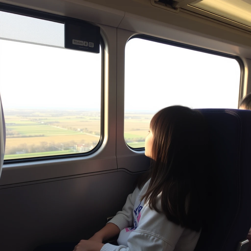 A Japanese girl is sitting on the bus, looking out at the landscape.