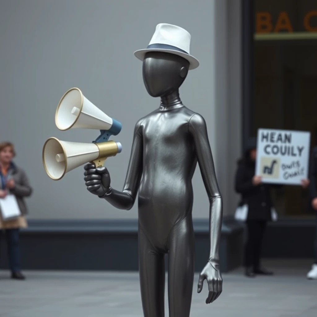 A figure stood there, skin smooth and metallic, the color of an oil slick. It had no nose or mouth on its face, and was missing eyes and ears. It would be mistaken for a mannequin if it weren't moving around and wearing a hat, wielding a megaphone made of paper at passersby. No face. No facial features. No mouth. No ears. No eyes. Smooth skin. - Image