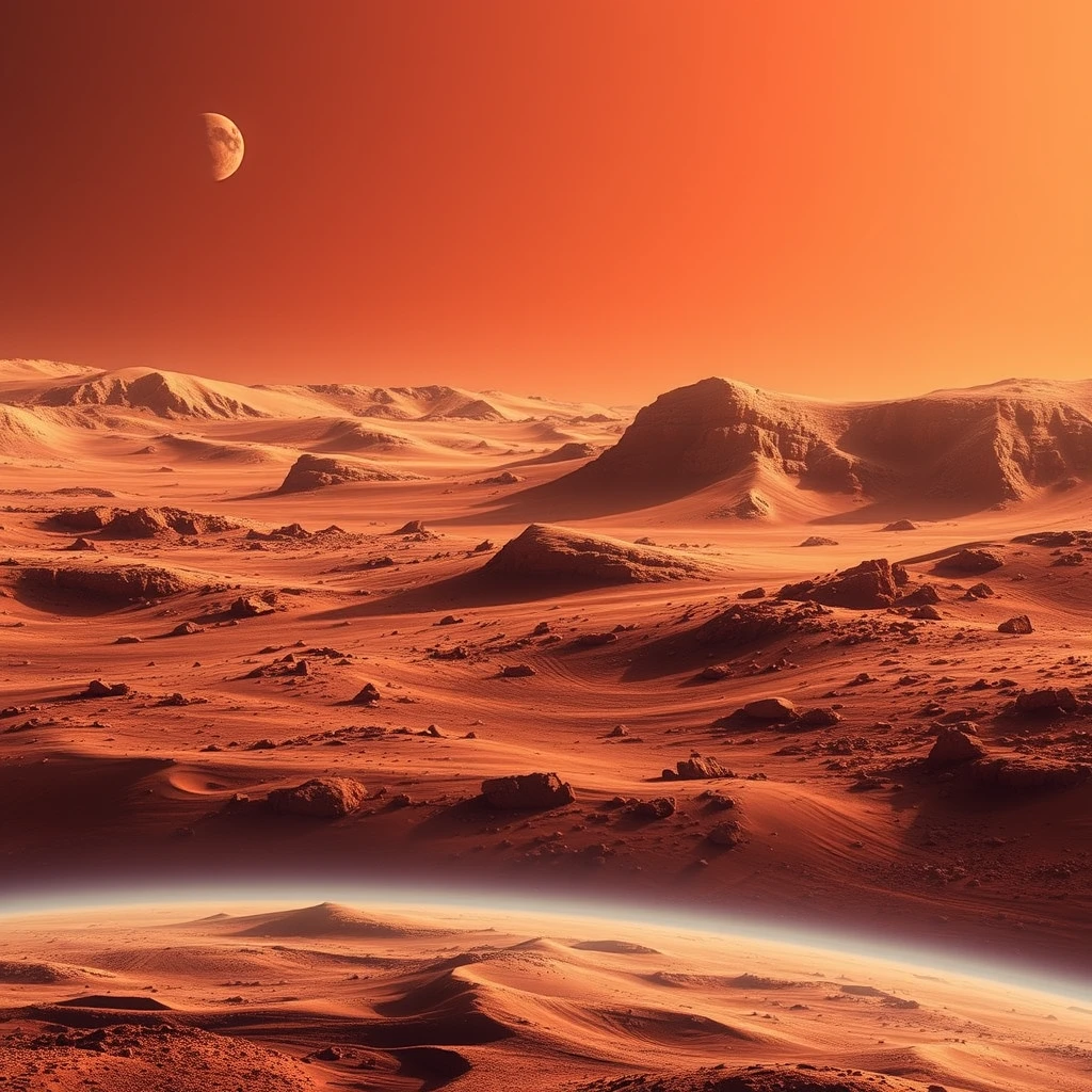 Mars has a thin atmosphere that is less than one percent of Earth's, and 95% of it is made up of carbon dioxide. The surface temperature averages -60°C in summer and -120°C in winter. Strong winds also cause sand storms from time to time, and the fine sand stirred up by these storms makes the Martian sky pink.