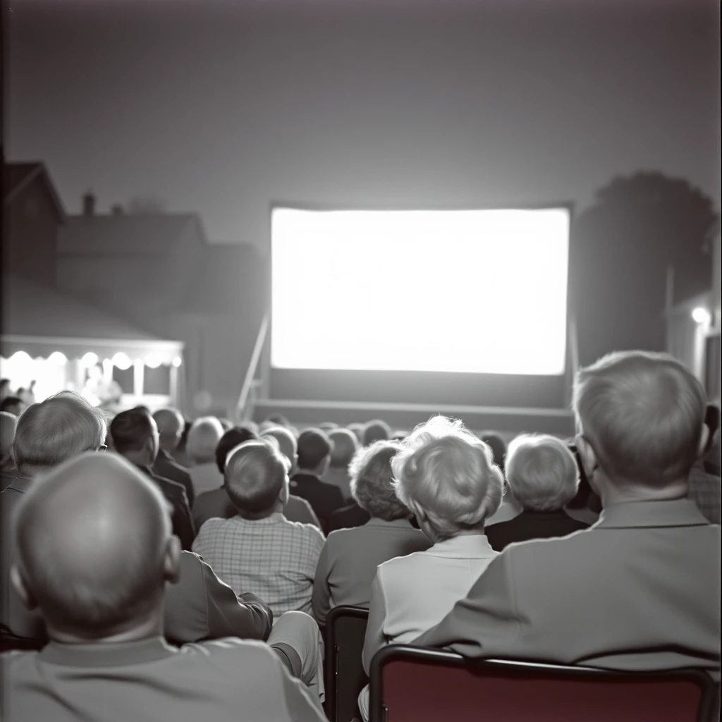 Picture of old people watching an outdoor movie in the 1950s.