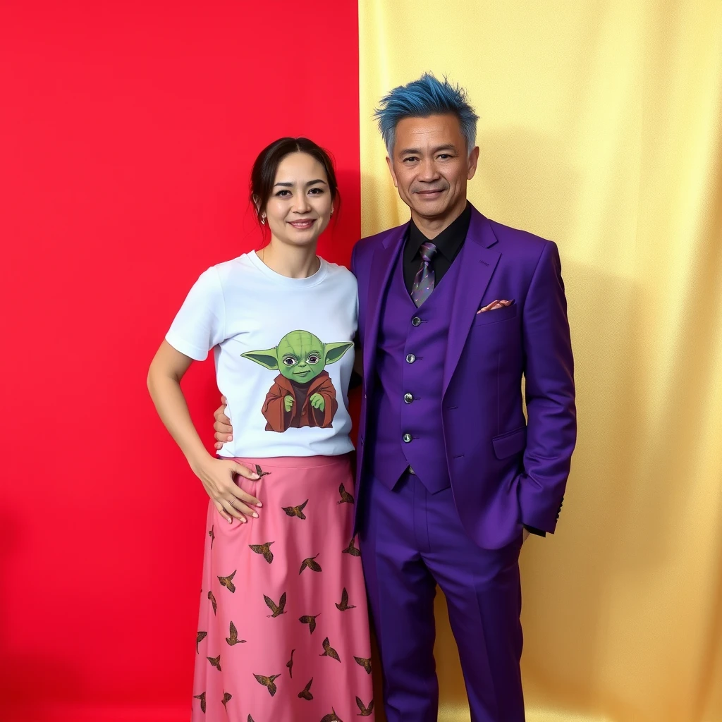 A man and woman are standing together against a backdrop, which is divided equally in half down the middle; the left side is red, the right side is gold. The woman is wearing a t-shirt with a Yoda motif and has a long skirt with birds on it. The man is wearing a three-piece purple suit and has spiky blue hair.