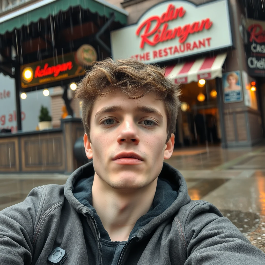 A young man with fair skin is outside a restaurant, it is raining, and he is lying on the ground.