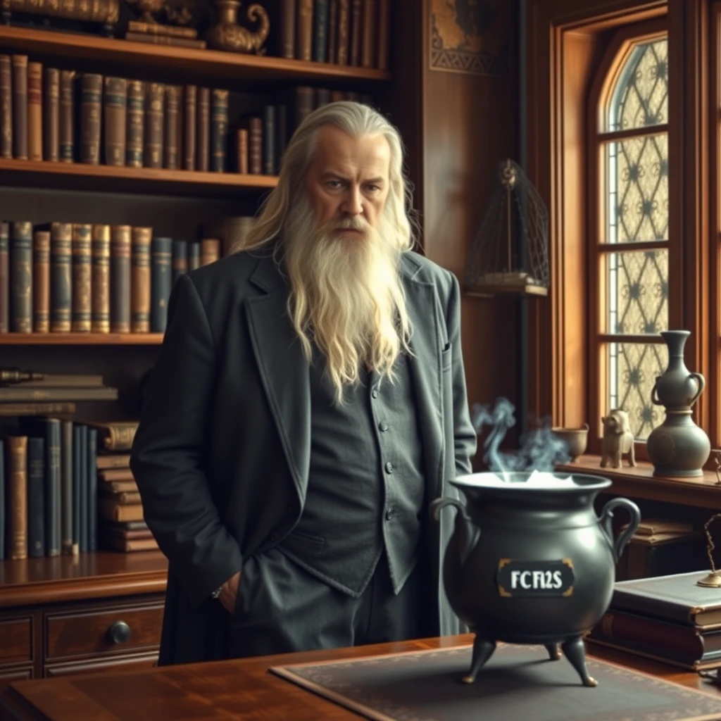 Captured with a Canon camera, an image shows Gandalf dressed in a sharp, tailored suit, standing in a modest, well-organized office. The room features wooden shelves filled with ancient books and magical artifacts. Gandalf, with a focused expression, brews a glowing potion in a small cauldron on his desk. The potion emits a faint light, and a label on the cauldron reads ‘FCFA2S’ in shimmering letters. The scene is bathed in soft, natural light from a nearby window. - Image