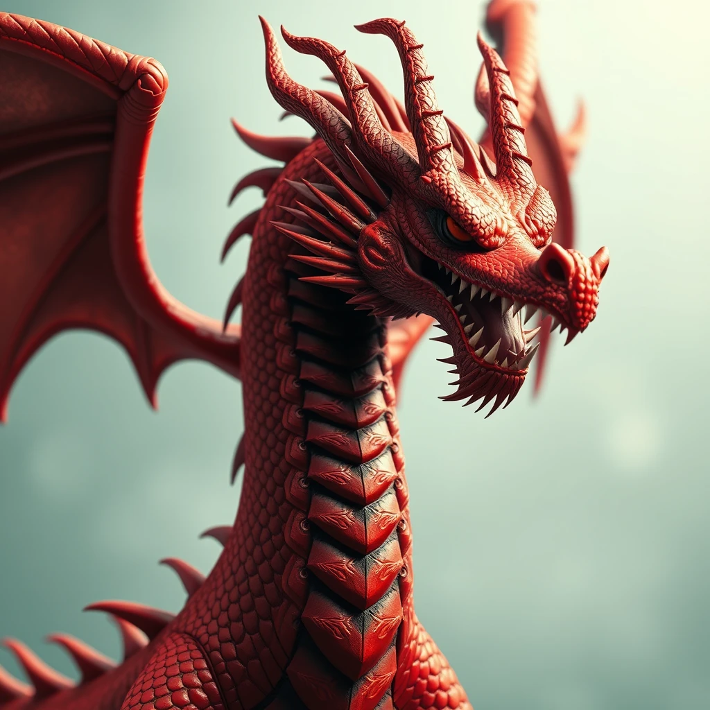 Extra wide shot of a red dragon with a man's head. - Image