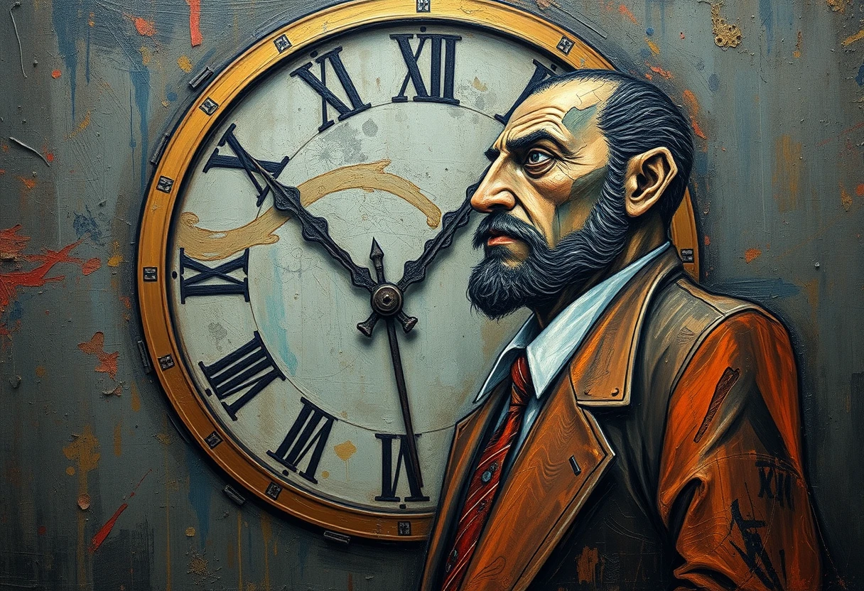 man and clock, dadaism art style, texture, paint strokes