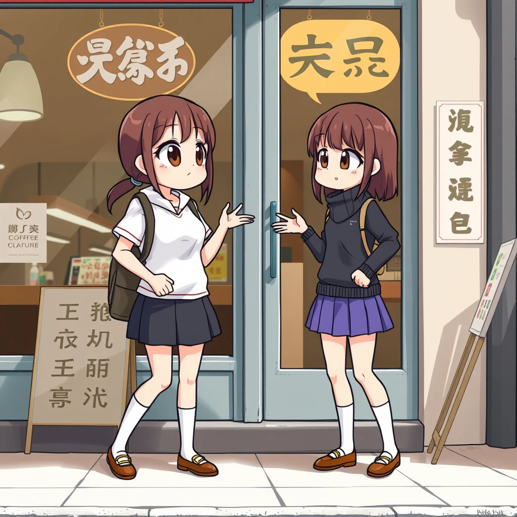 Two big-eyed female students are arguing outside a coffee shop. They are wearing skirts, and their socks are visible. There is a sign outside the restaurant, and the characters on the sign, including Chinese characters, can be clearly seen. Note, it should be real people, not cartoons.