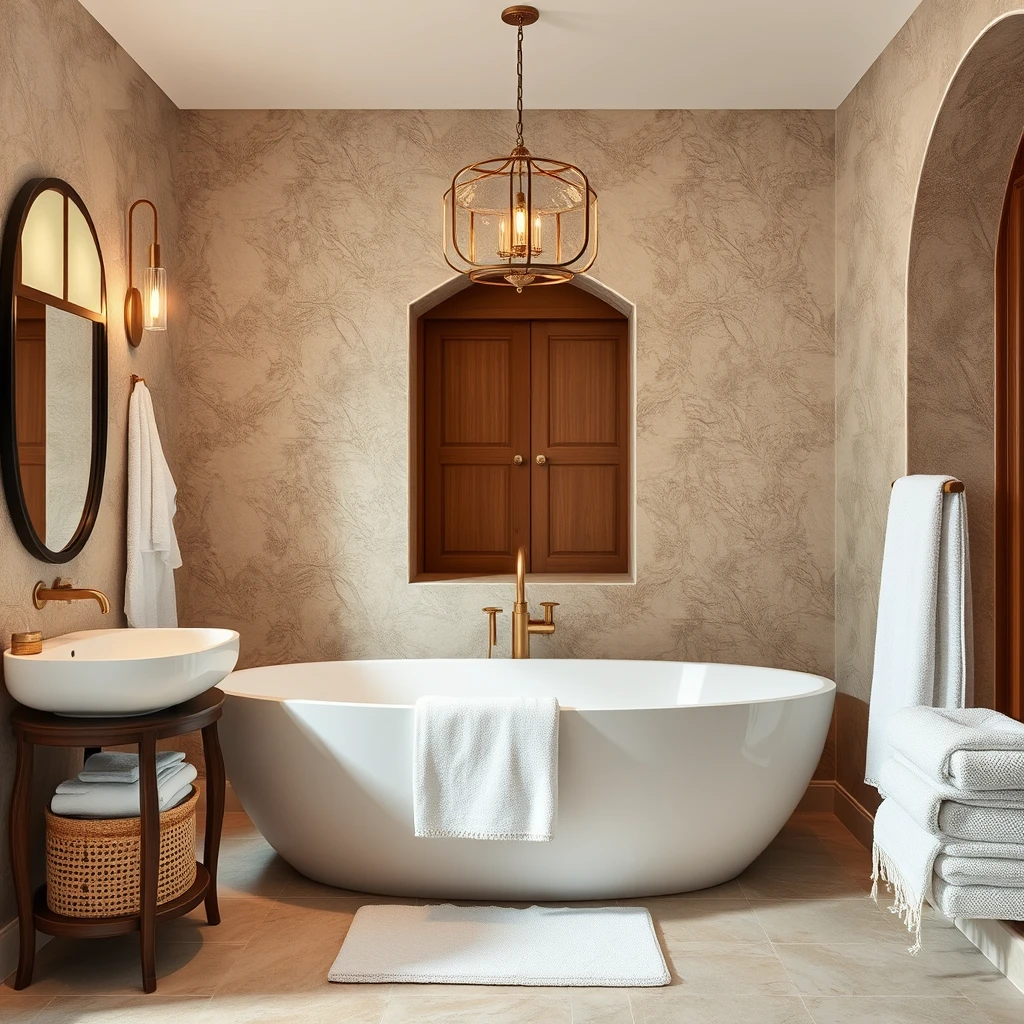 a modern Mediterranean bathroom with luxurious towels - Image