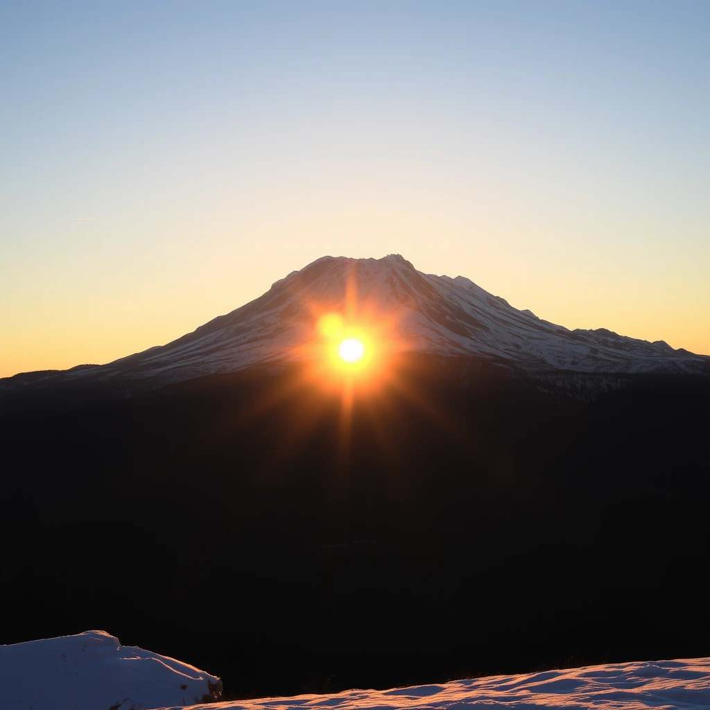 A sun back with a snow mountain at sunset.