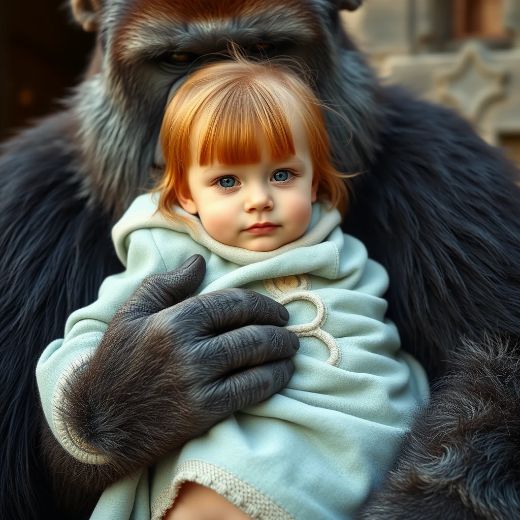 A cute ginger Russian girl with green eyes and bangs is being carried by a gorilla king wearing light blue and white clothes. - Image