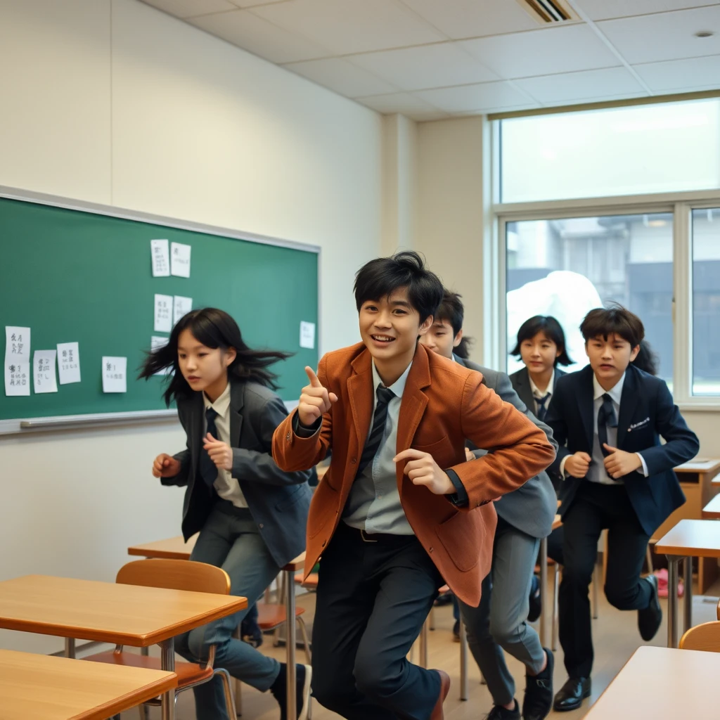 In the classroom, during the break, Japanese students are chasing and playing around.