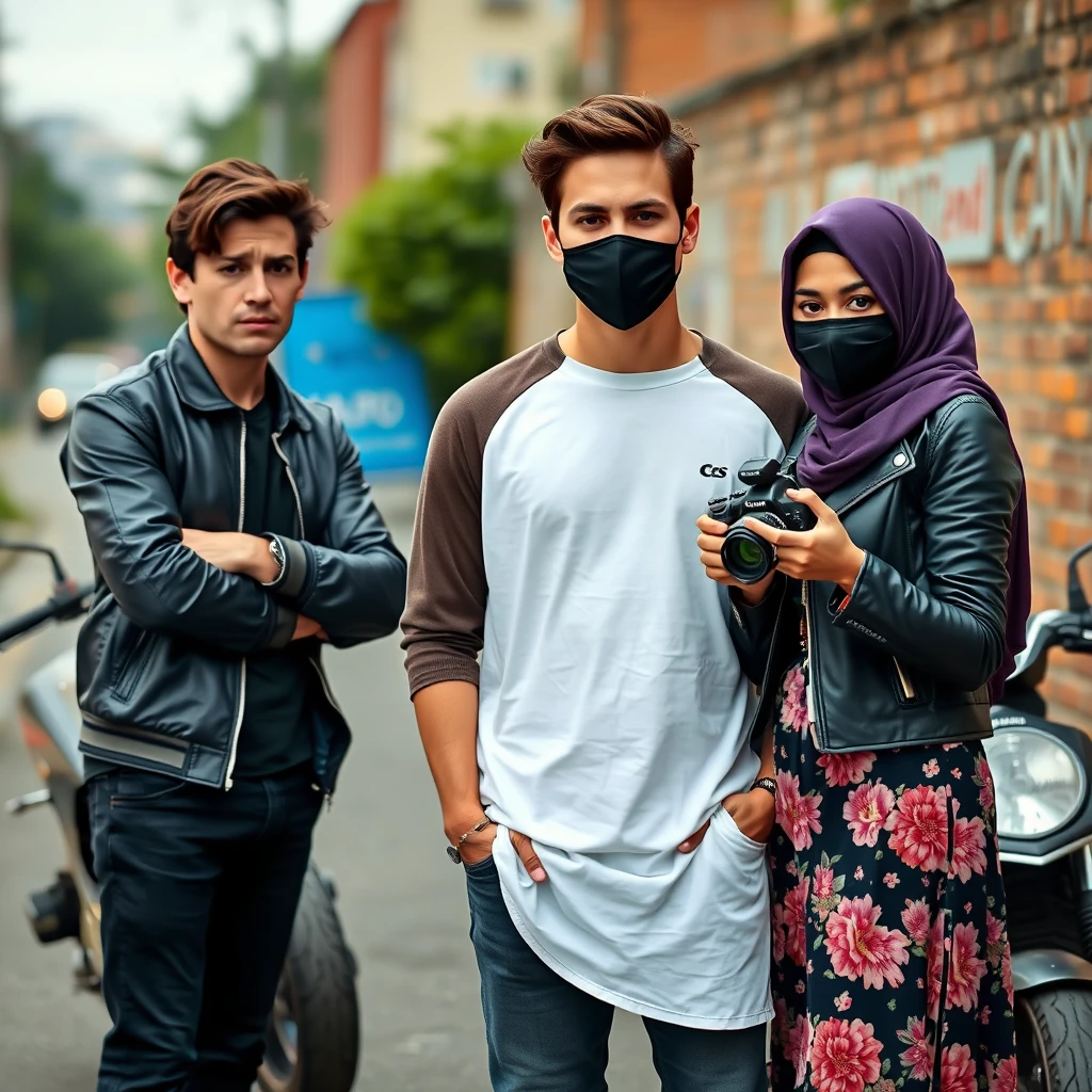 Jamie Dornan and Freddie Prinze, head and body shot, handsome, young, serious face, dark brown hair, white t-shirt, college jacket, skinny jeans, sneakers, standing, discussing with two guys and a Muslim girl in a short purple hijab, beautiful eyes, black face mask, black leather jacket, biggest floral skirt, holding a Canon DSLR camera, near a town road, superbike, hyper-realistic, street photography, brick wall, full body photo. - Image