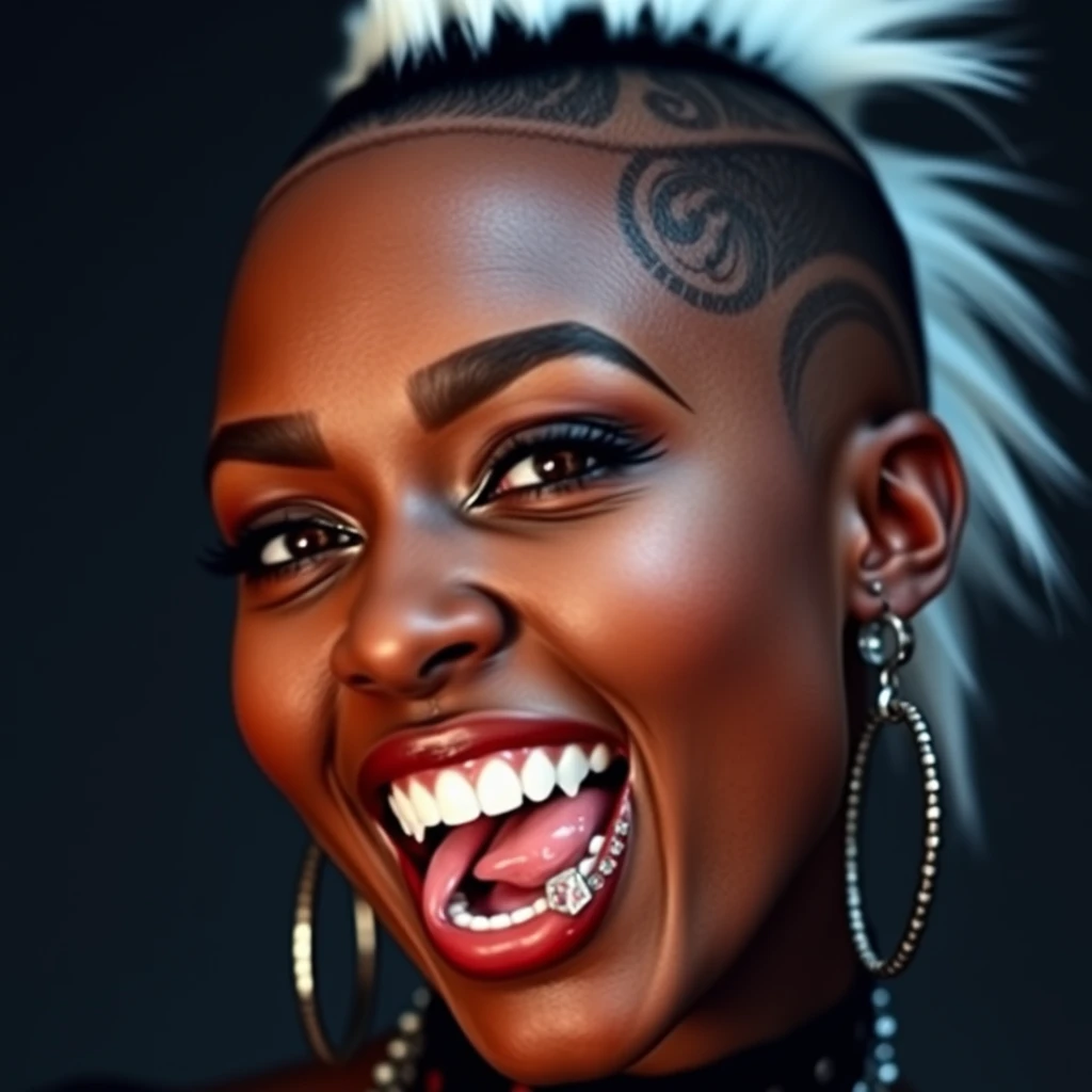 Beautiful black woman, fangs, split tongue, nose ring, side shave, shaved head, white Mohawk, nose rings, earrings, piercings, head tattoo, tattoos. - Image