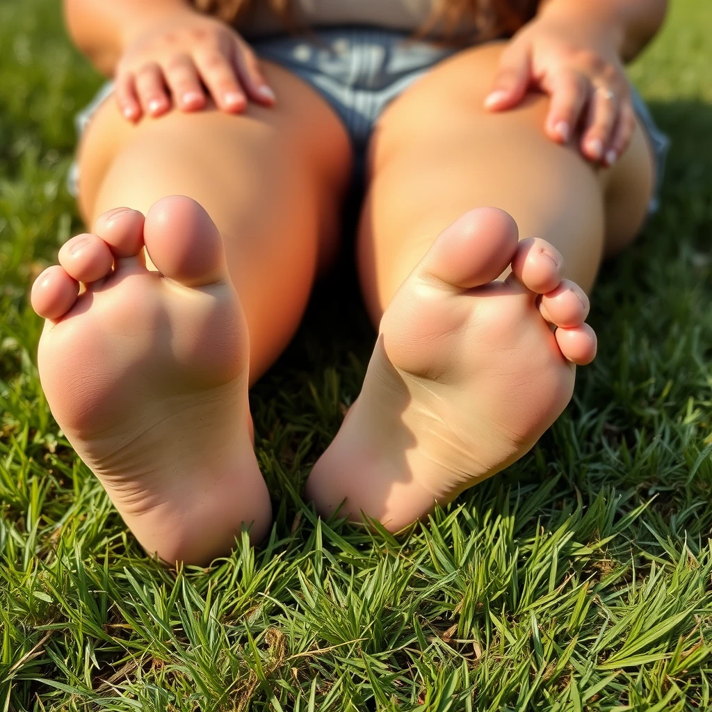 Soles of a plus-sized woman sitting on grass.