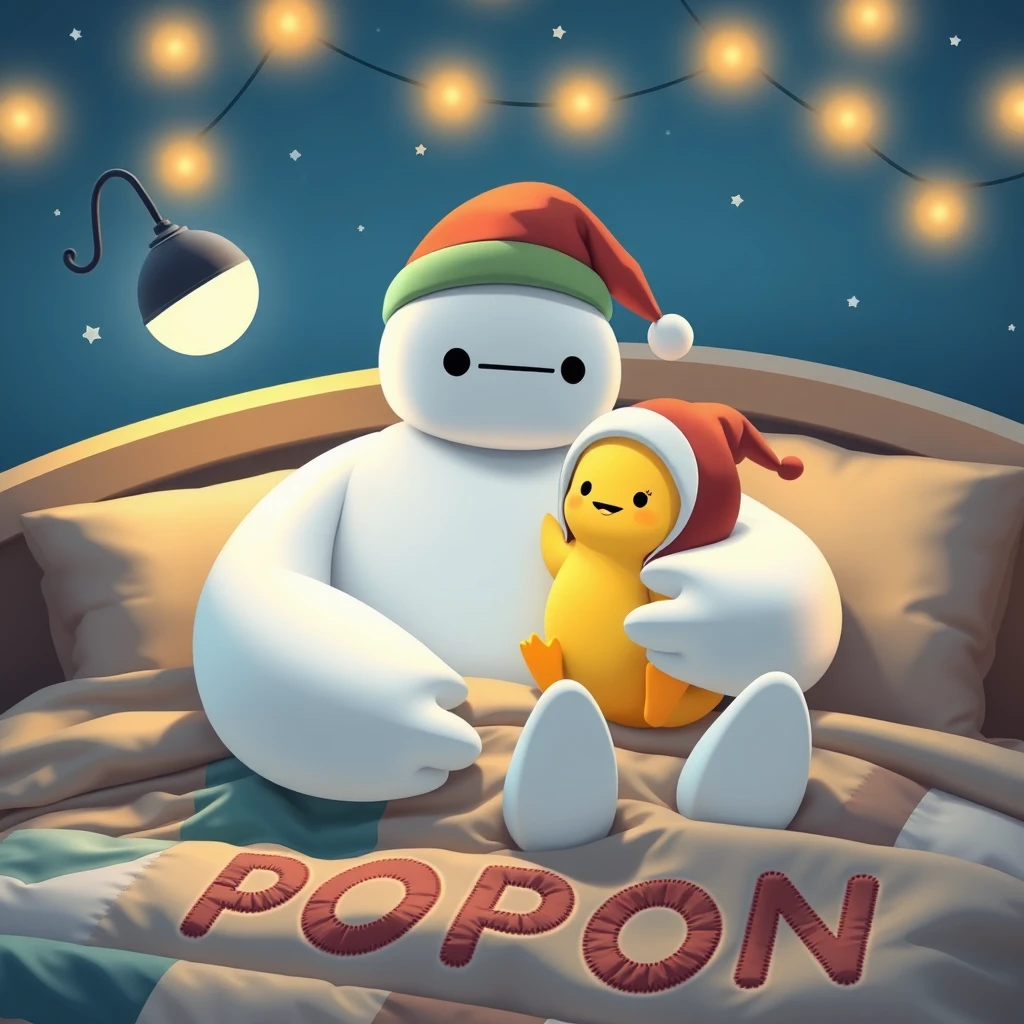 Baymax at night with a colored nightcap, cuddling and rocking a cute tiny yellow kawaii hatchling with a nightcap in the biggest fantastic cute kawaii bed in the world with the word POPON sewn on the patchworked padding. - Image