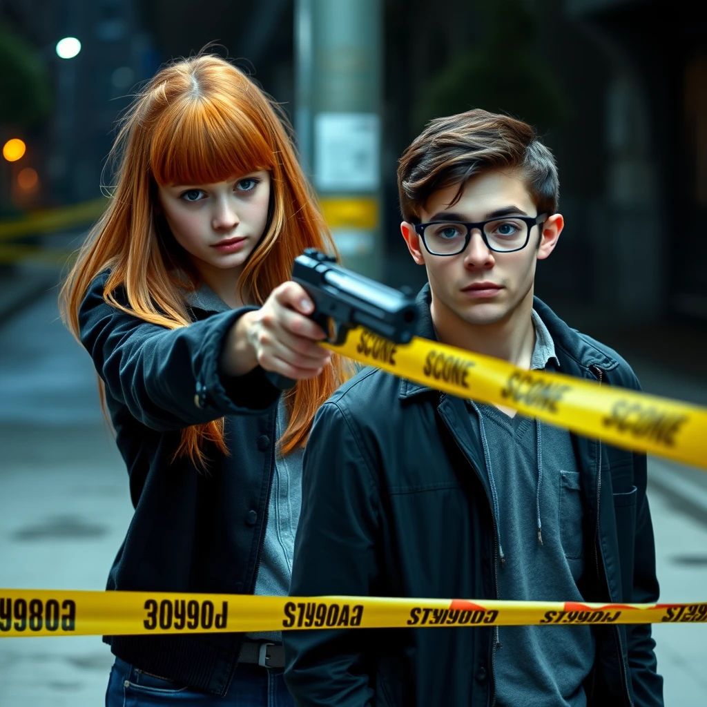 A murder scene; a petite, skinny teenage girl with long ginger hair and bangs, green eyes, is shooting a young, tall, skinny Italian man who is wearing glasses.