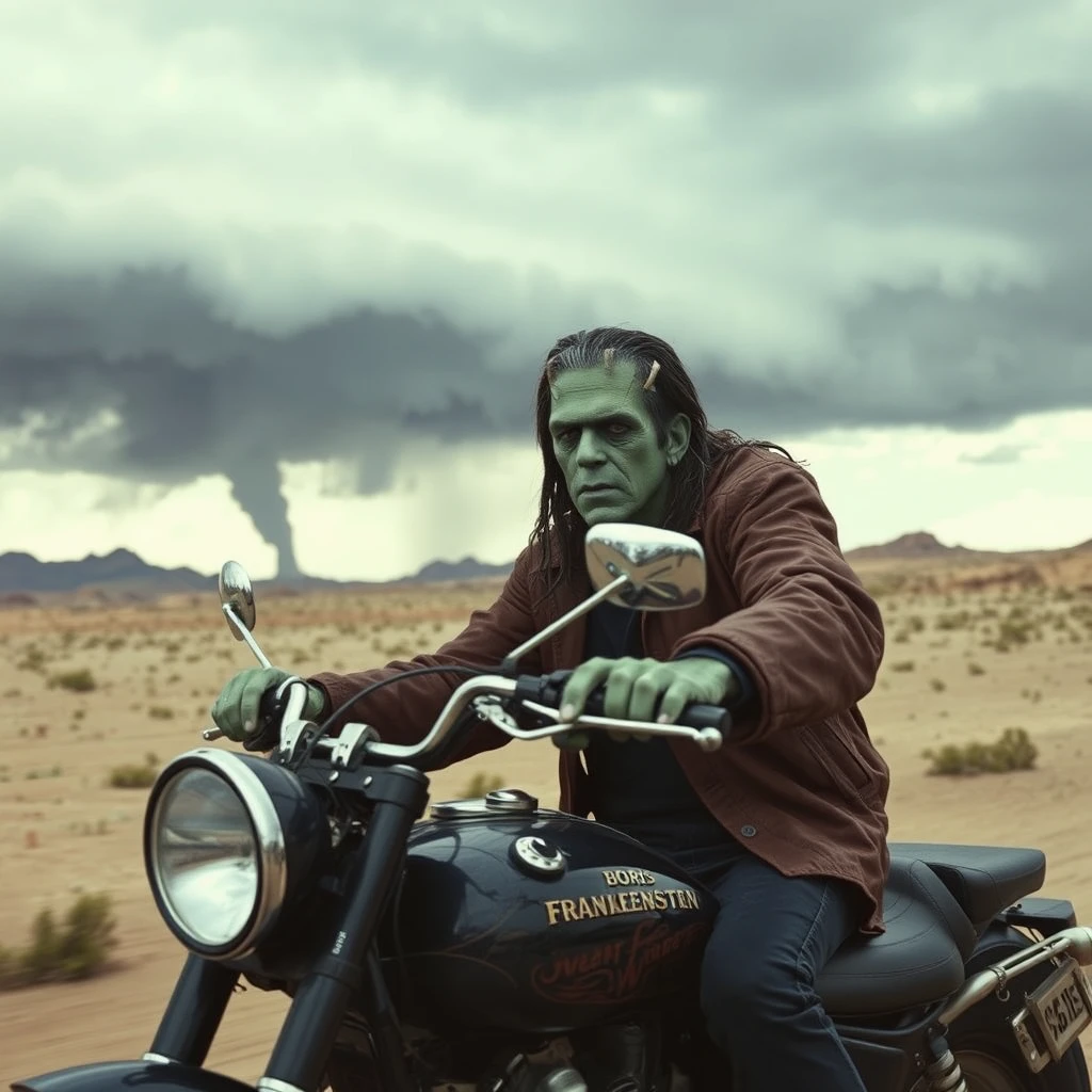 Boris Karloff as Frankenstein with long hair, riding his chopper, a storm is coming across the desert, photo-realistic, 4k. - Image