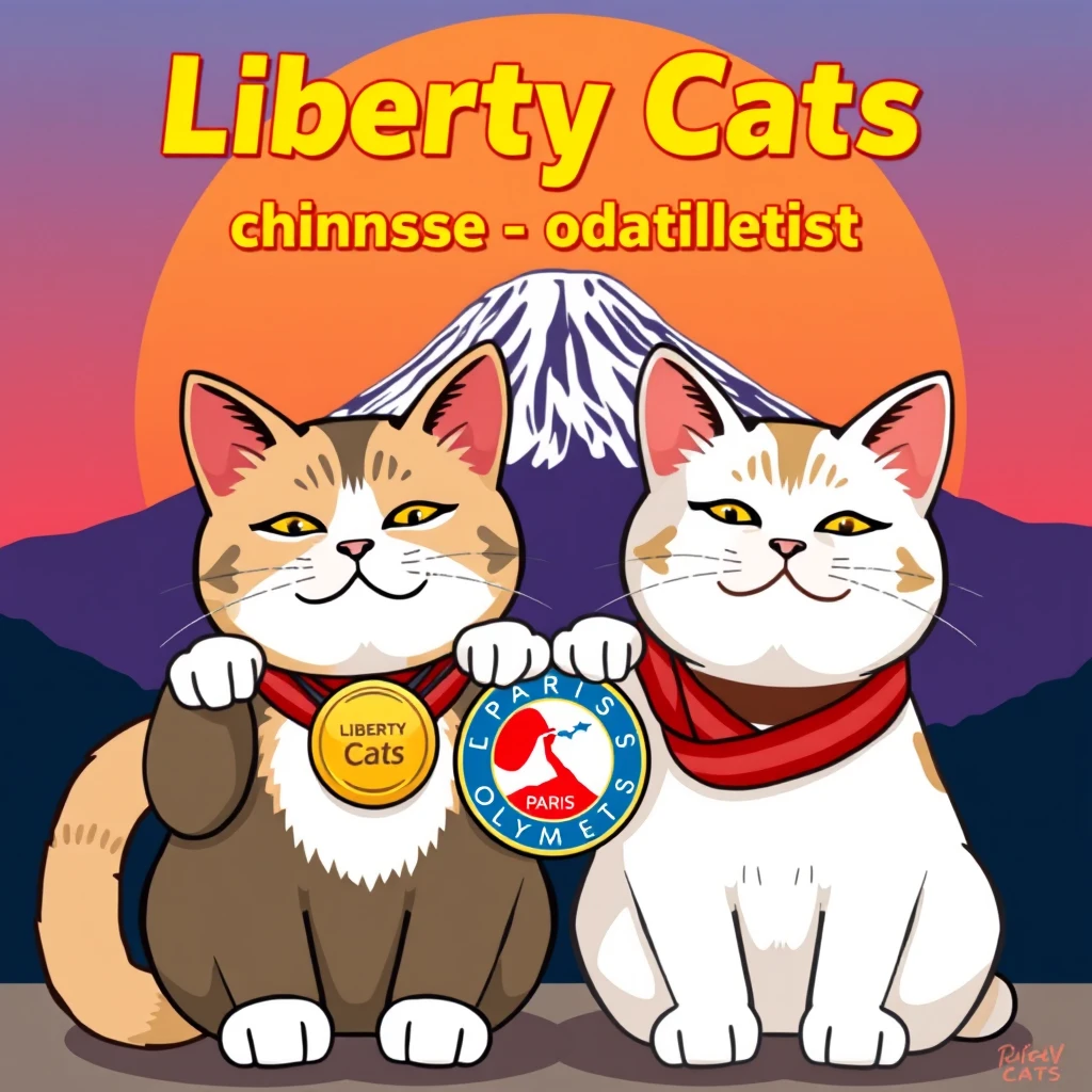 draw a pic with "Liberty Cats Congratulations chinese athletes " big text on the Mount Fuji backgroud,AND tow pixel style cats  in front it together , carring a Paris Olympic gold medal  logo with text "Liberty Cats"
