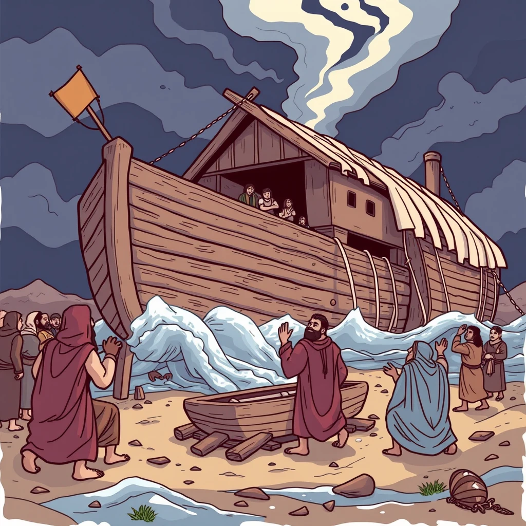 "Show Noah diligently building a large ark, with his people mocking him for building a ship on dry land."