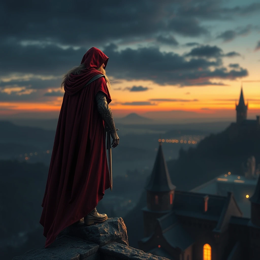 Photo realistic: Fantasy heroine in a red cloak stands guard at night on a medieval tower.