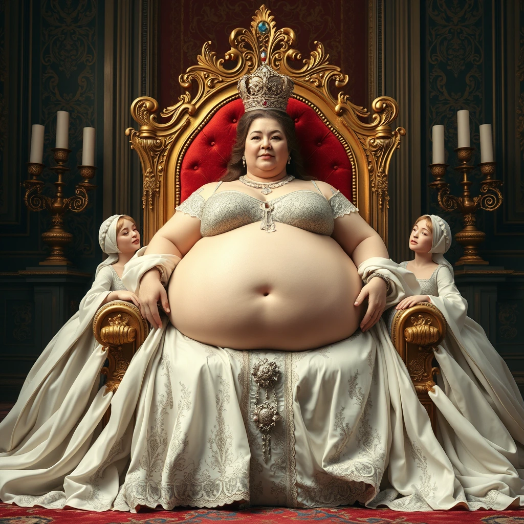 "The beautifully plump queen lies on a luxurious and exquisite throne, while four palace maids support her super-sized belly." - Image