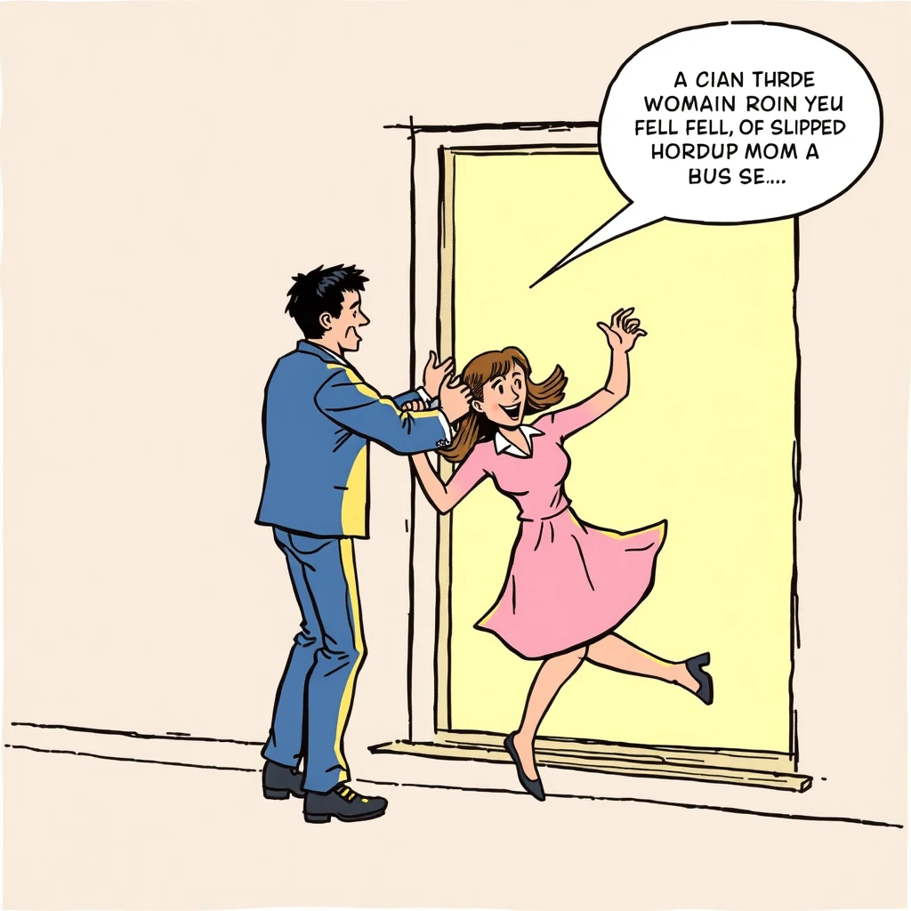 The man pushed a woman at the window; the woman slipped and fell out of the window. Comic.