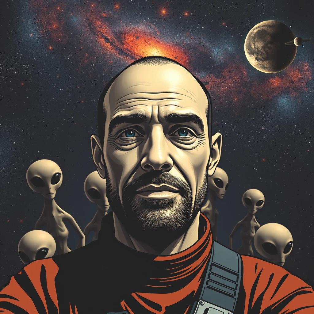 A man in space with a galaxy background and some aliens.