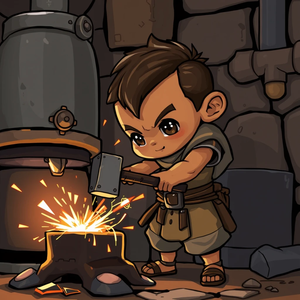 A strong and courageous boy in 2D, chibi style, with slightly brown skin, is hammering iron next to a boiler, sparks flying and sizzling, his whole body like... - Image