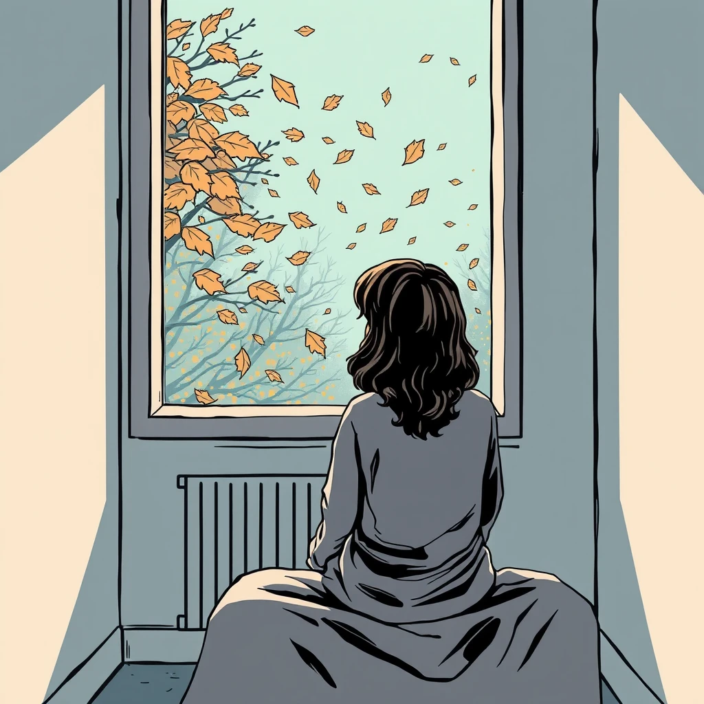 A lonely woman in the hospital looking out of the window at the fallen leaves, a very strong sense of atmosphere. Free composition. comic.