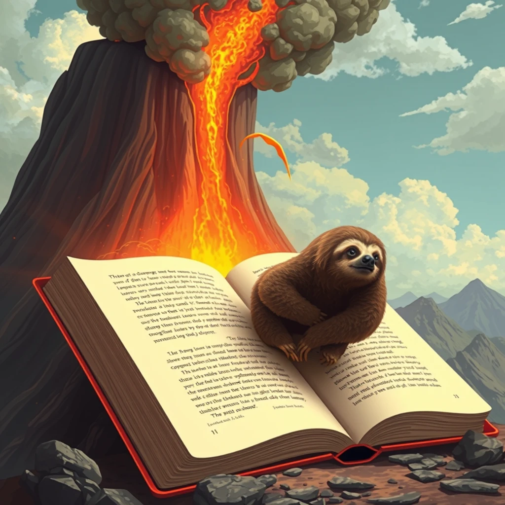 A giant book with a sloth in it dramatic volcano.