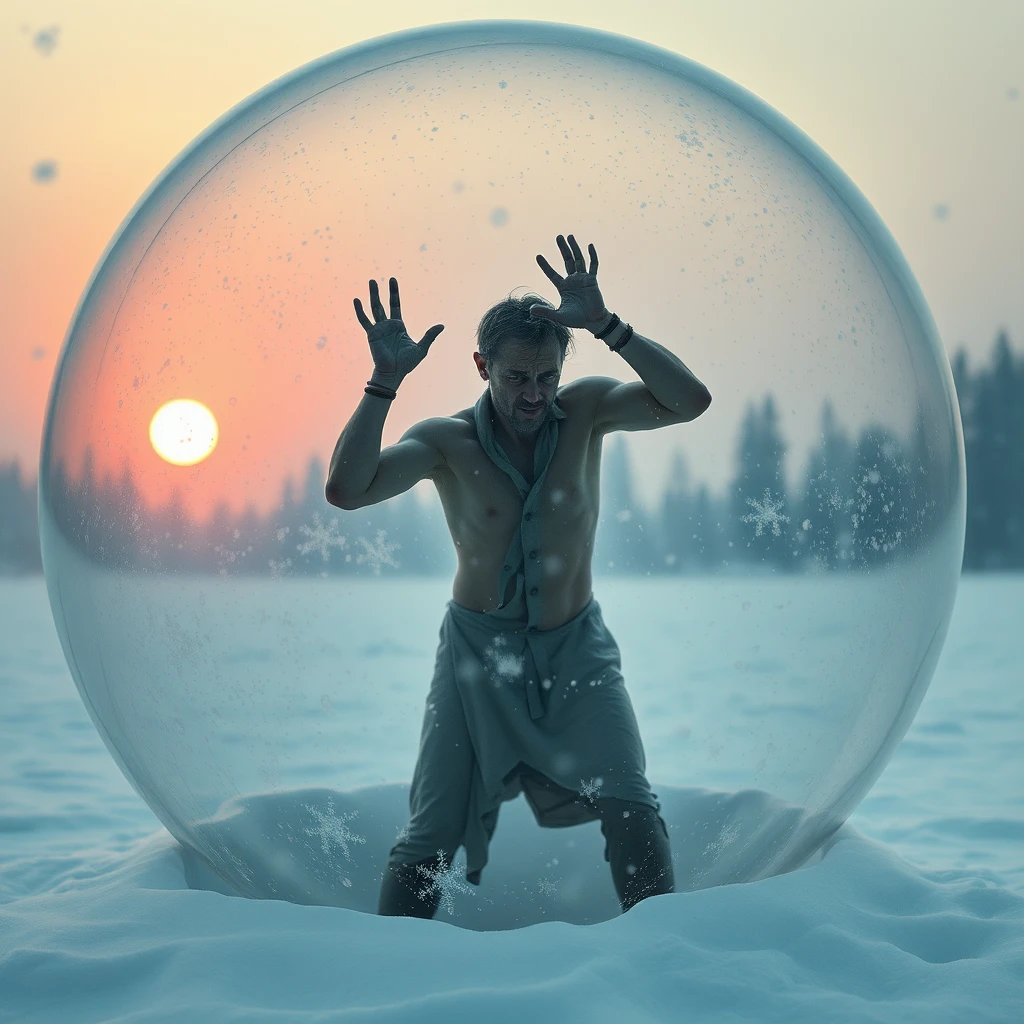 **Theme and Atmosphere**:  
"Realm of Helplessness: A thinly clad, haggard-looking man stands within a giant transparent glass dome, desperately pounding on the dome, but to no avail. Both inside and outside are covered in snow, creating a desolate and profound world. The glass dome symbolizes the invisible restraints of life."  
  
**Background Setting**:  
- "The background features snowflakes swirling through the air and the hazy outlines of a forest, with the sun setting in the west, its remnants bright as blood."  
- "In the distance, among a blurry snowy forest, the contours of trees can be faintly seen, adding depth to the scene."  
  
**Glass Dome and Snow Scene**:  
- "The glass dome is presented with a transparent texture, filled inside with pure white snowflakes, rich in detail and distinct in layers, echoing the snowflakes outside."  
- "The edges of the dome can be slightly blurred to enhance the sense of transparency and spatial depth."  
  
**Character Depiction**:  
- "The man is dressed lightly, his face weary, with deep-set eyes gazing intently at the indistinct sun in the distance. It should convey the man's struggle and defiance, alongside the feeling of helplessness."  
  
**Emotions and Meaning**:  
- "The entire image aims to convey a sense of helplessness and solitude."  
- "Through the metaphor of the glass dome, it explores the gap and connection between the individual and the outside world, as well as the insignificance and powerlessness of a person in the face of life."  
  
**Details and Decoration**:  
- "Pay attention to the handling of light and shadow effects, utilizing the light reflected by the snowflakes to enhance the brightness and layers of the image."  
- "Without detracting from the overall atmosphere, small decorative elements can be added appropriately, such as falling snowflakes and trees swaying in the cold wind."  
  
**Style and Technique**:  
- "Ink wash painting style."