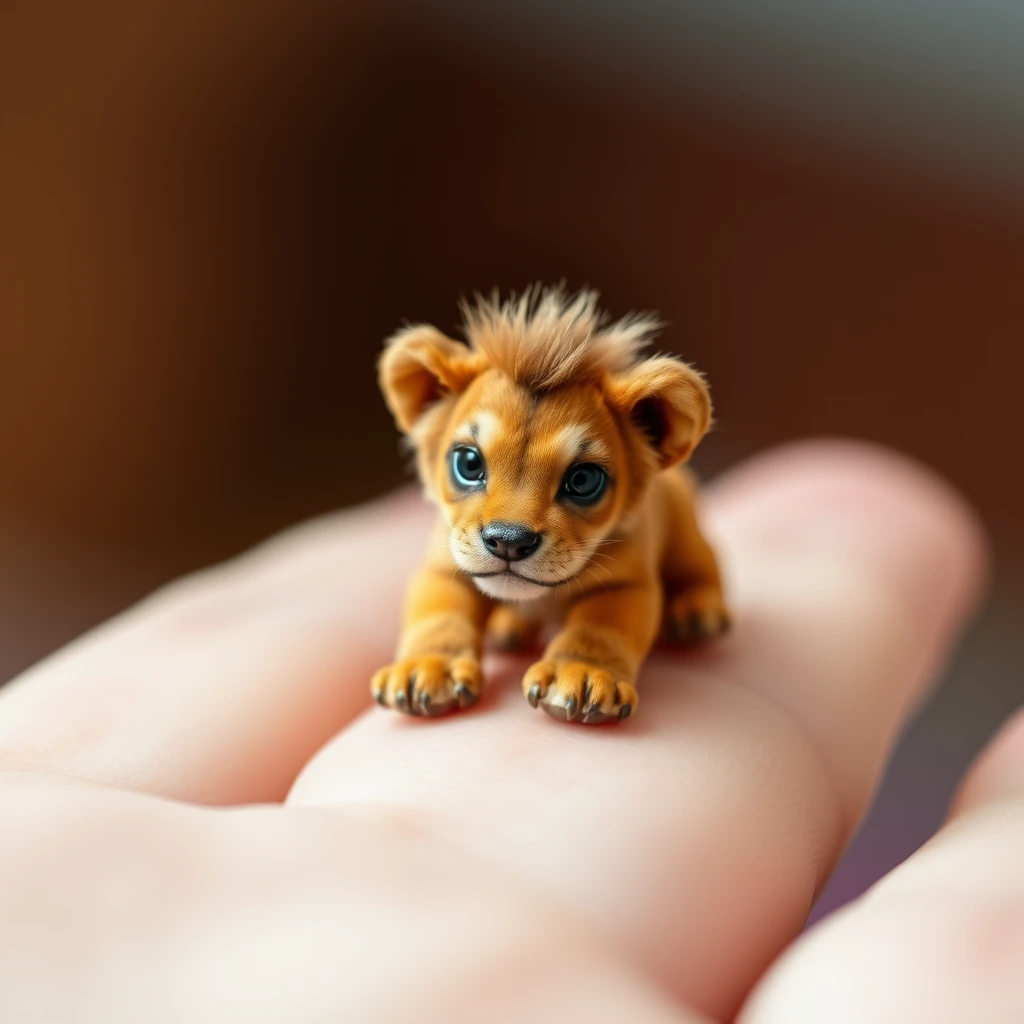 A very small, tiny, cute lion dog on four fingers.