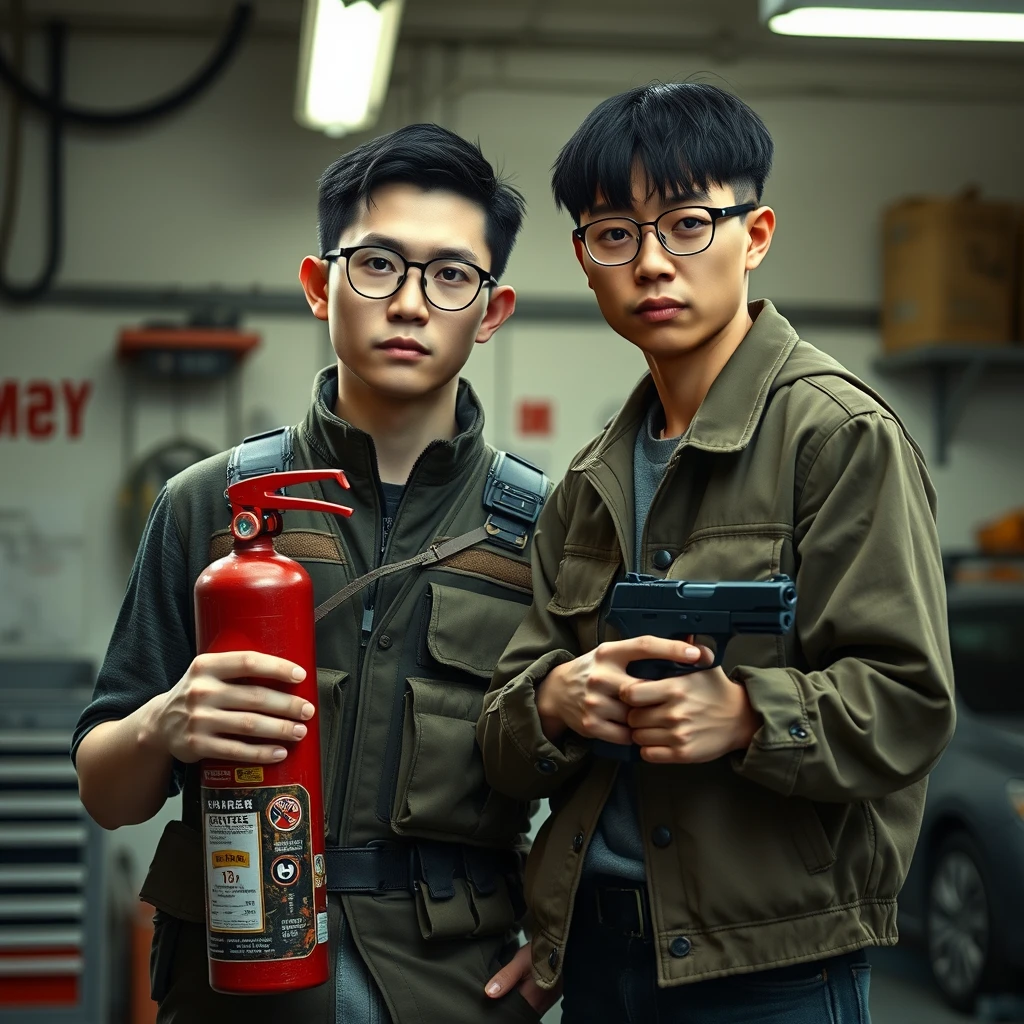 A 2-person set featuring 2 men: 1 white man and 1 northern Chinese man, together in a garage setting. Here are the details, and I want every single one with accuracy.

The first man (the white man) has these features: he is 21 years old, thin, with very white skin. He wears round prescription glasses and has short black hair. His outfit consists of normal everyday clothes with a military vest on top, and he is holding a very large flamethrower fire extinguisher.

The second man (the northern Chinese man) has these features: he has a thin, long face and wears square prescription glasses. He also has mid to long black fringe hair and is holding a pistol.