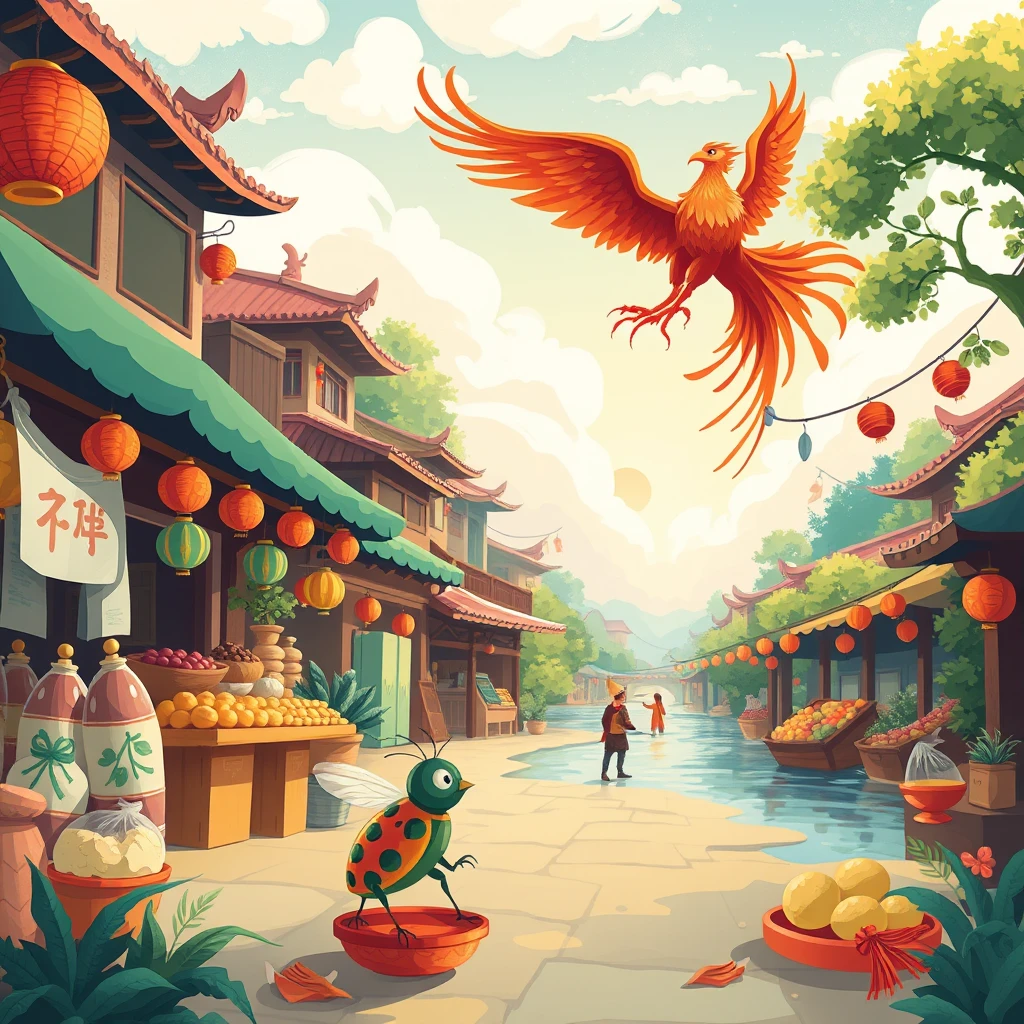   “Create a vibrant and playful illustration featuring a lively ancient marketplace with a whimsical, child-friendly style. 
  Use bold, bright colors and soft, rounded shapes to evoke a sense of wonder and excitement. 
  The atmosphere should be colorful and engaging, with abstract representations of stalls and buildings. 
  For another scene, illustrate a calm riverside with gentle, flowing lines and soft, soothing colors.
  Add a touch of fantasy with imaginative elements to make the environment inviting for children. 
  Consider a festive scene with bright, cheerful decorations and a fun, animated vibe. 
  Ensure the illustrations are highly detailed, with a high level of artistry, and are appealing and engaging for a young audience.”

around two small bugs, a beautiful awesome artistic scene of cicada and magpie looking down on the distant big phoenix, with detailed backgrounds and various food preparations for different destinations, all in the amazing outdoors view, sunny sky, lush green trees, ((masterpiece))