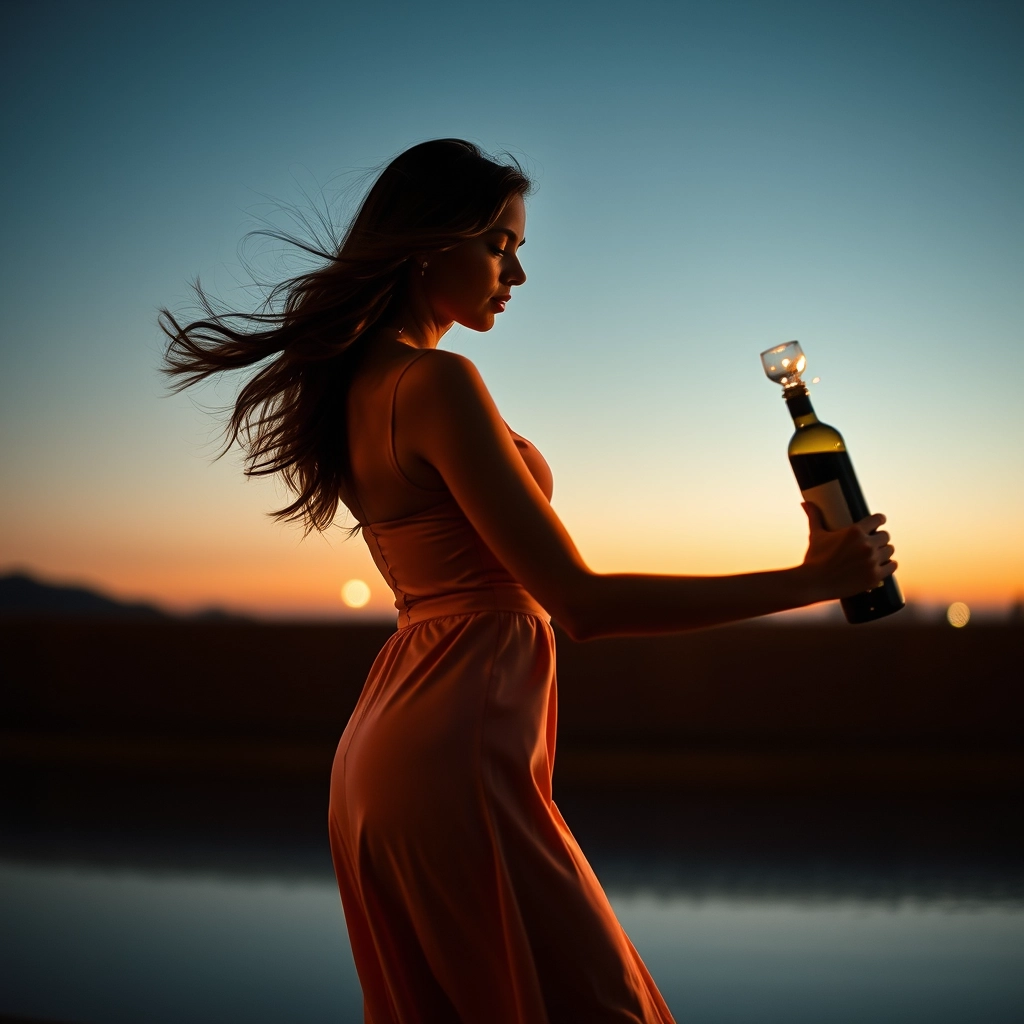 girl who looks like Marta Trossarello dances with a bottle of wine in her hand