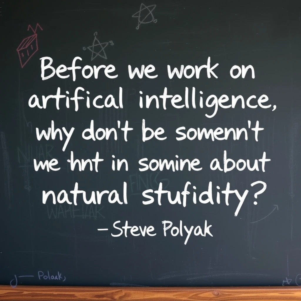 Chalk writing on a chalkboard that says “Before we work on artificial intelligence why don’t we do something about natural stupidity?”

—Steve Polyak, on a classroom style chalkboard - Image