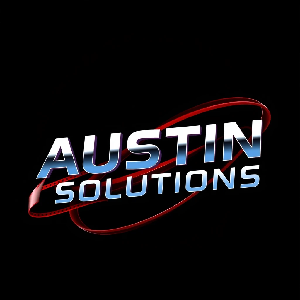 Create a compelling and visually appealing logo for "Austin Video Solutions" that is ideal for a header hero image. The design should feature "Austin Video Solutions" in a bold, modern sans-serif font, intertwined with a dynamic film reel-inspired motif that symbolizes digital video expertise. Emphasize a color palette dominated by rich, dark blacks and glossy, dark crimson reds for a bold and impactful look. Use bright white letters with realistic, futuristic metallic textures to highlight the cutting-edge and professional nature of the company. Integrate a flowing film strip that adds a sense of movement and connectivity, subtly guiding viewers towards video solutions. Set the design against a dark, gradient black background with crimson red accents, ensuring a cinematic, tech-savvy, and captivating aesthetic. The logo should perfectly represent a forward-thinking video editing company with a modern and professional appeal.