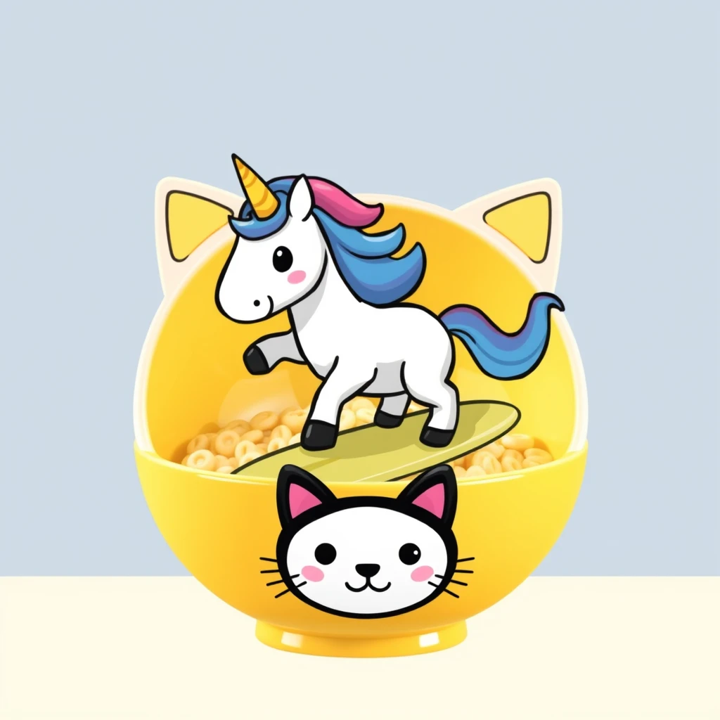 Unicorn surfing in a Cheerio bowl. The bowl is round-shaped with small cat ears. It is black, white, and yellow, and has a cute cat face on it.