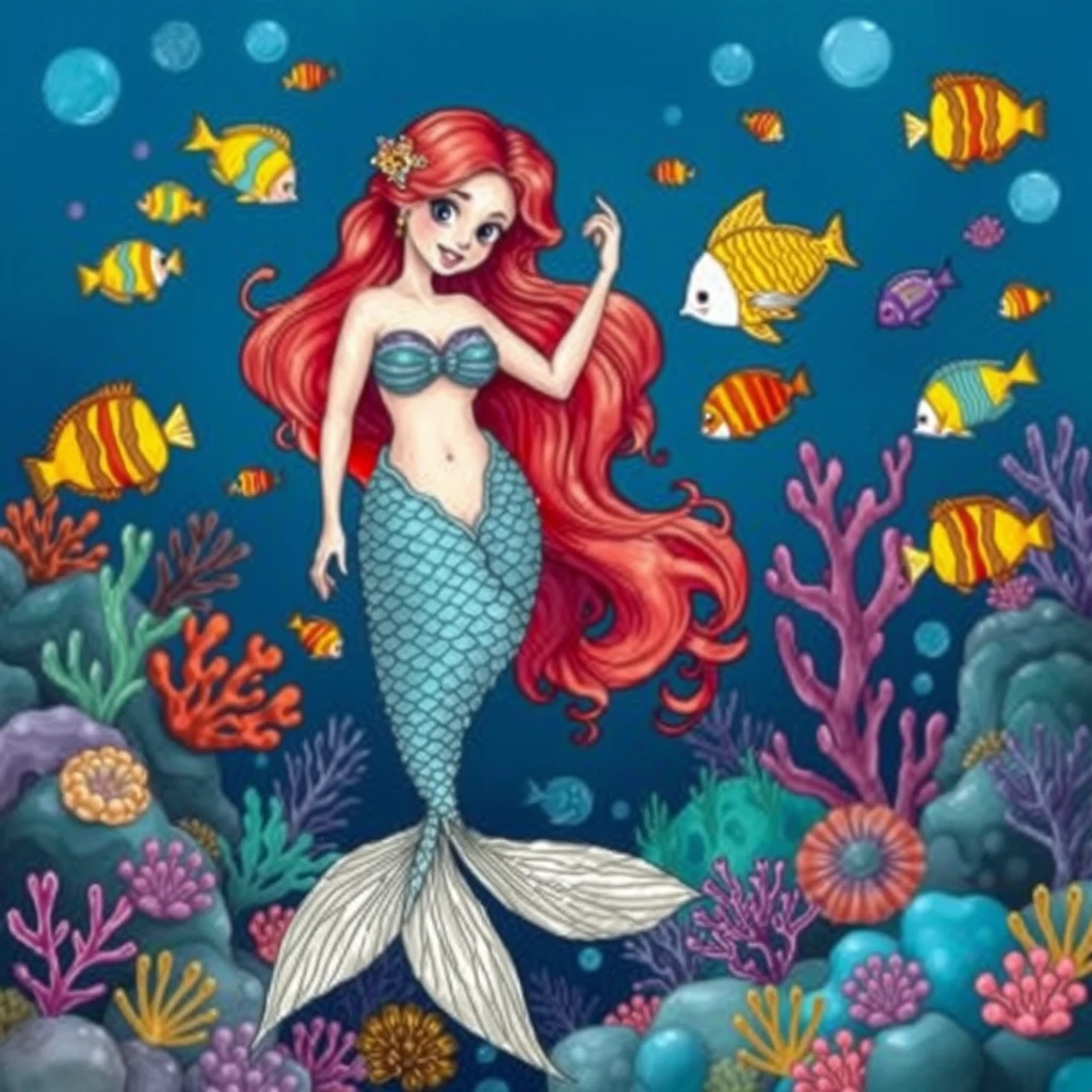 "Please draw a beautiful mermaid in the deep sea with colorful tropical fish. There are also many corals and sea urchins in that place." - Image