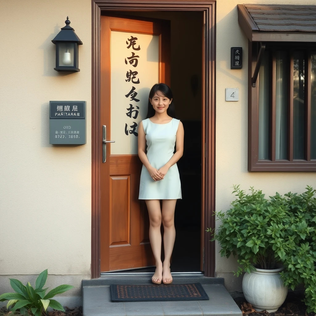 During the day, a beautiful woman stands at the doorway of a house. She is not smiling, and there are Chinese characters or Japanese. Her whole body can be seen, including her legs. - Image