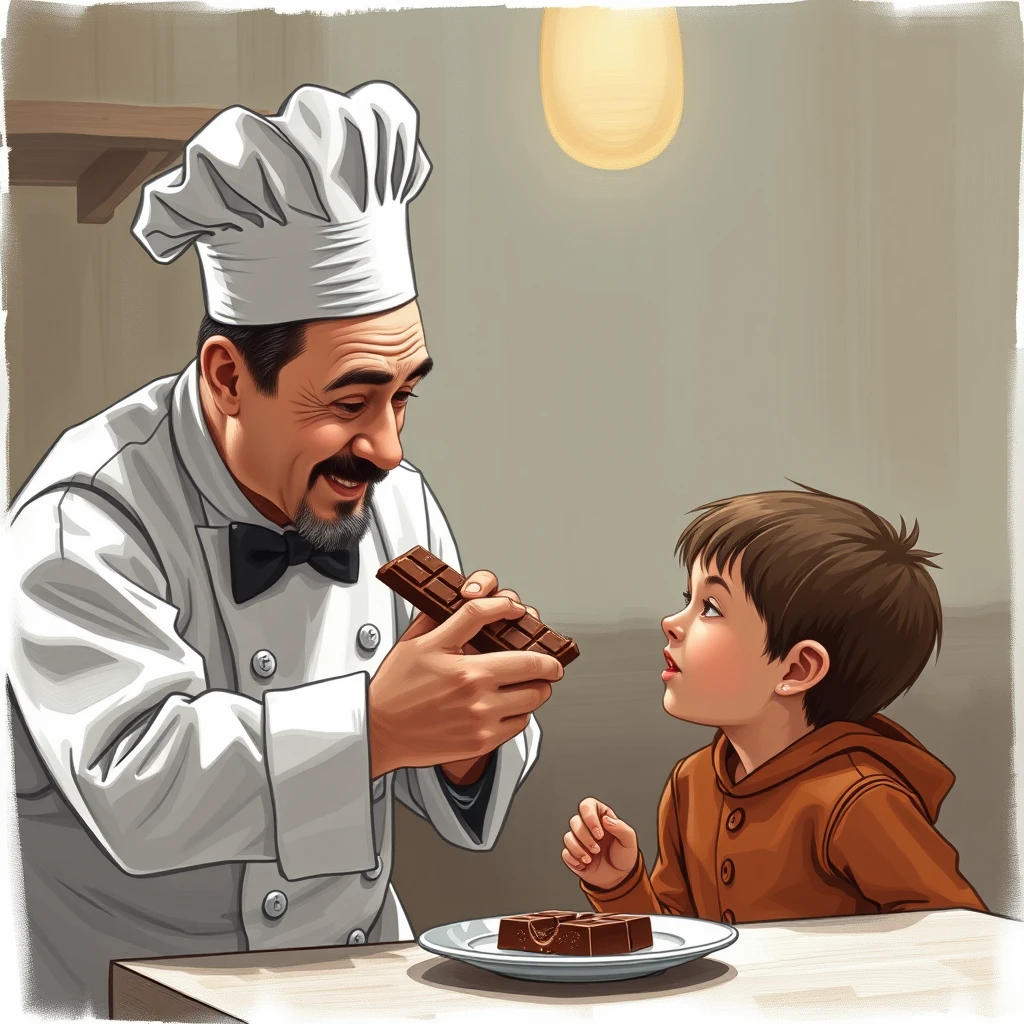 French chef stealing a chocolate bar from a kid.