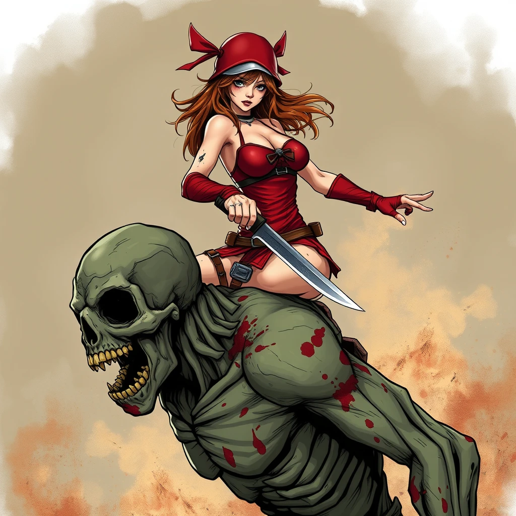 A girl in a red sexy battle outfit rides on a zombie's shoulder, holding a knife and ready to kill him. - Image