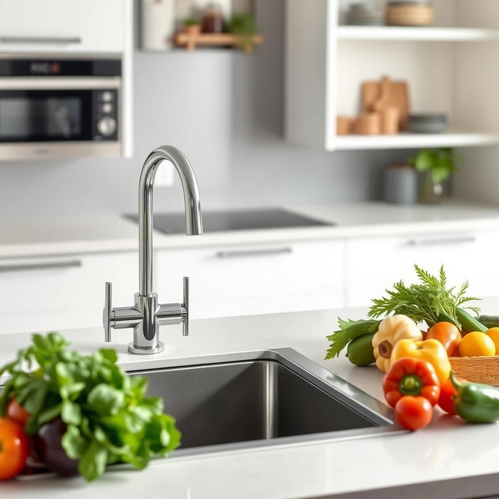 Generate an advertisement background image suitable for a faucet, but the faucet cannot appear in the picture. In a modern kitchen, there is a ceramic sink, and next to the sink are preferred fruits and vegetables.