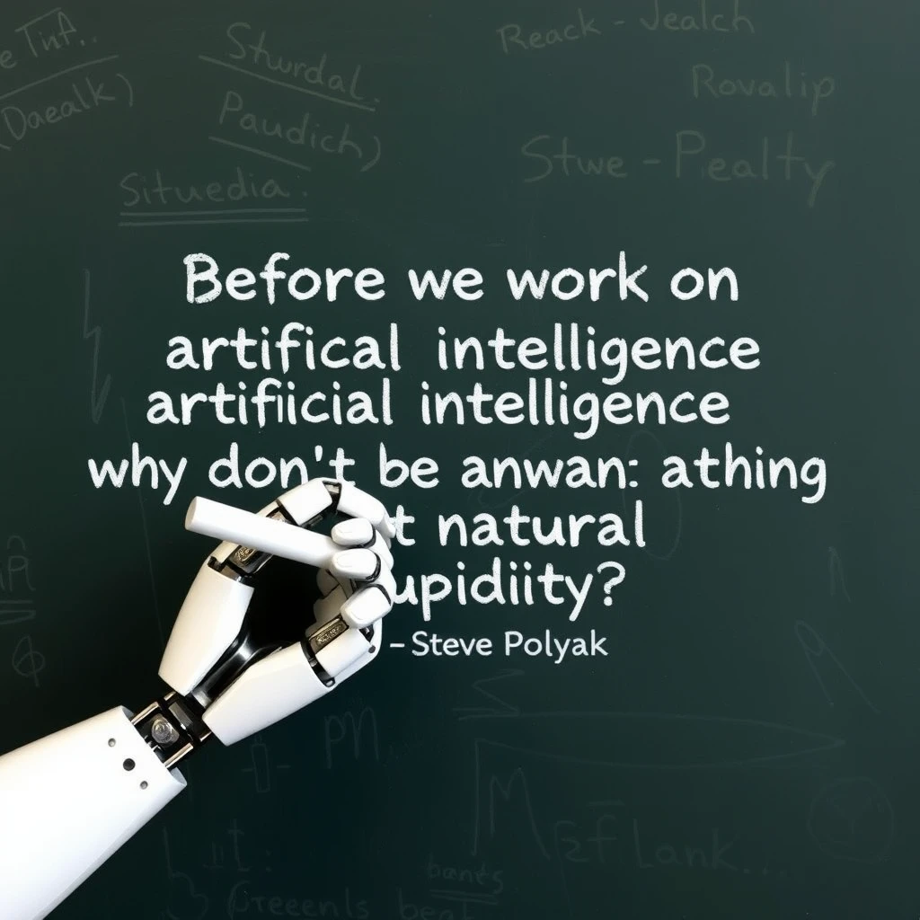 A robotic hand holding a piece of chalk is writing on a chalkboard that has the following text: “Before we work on artificial intelligence why don’t we do something about natural stupidity?”

—Steve Polyak, on a classroom style chalkboard. - Image