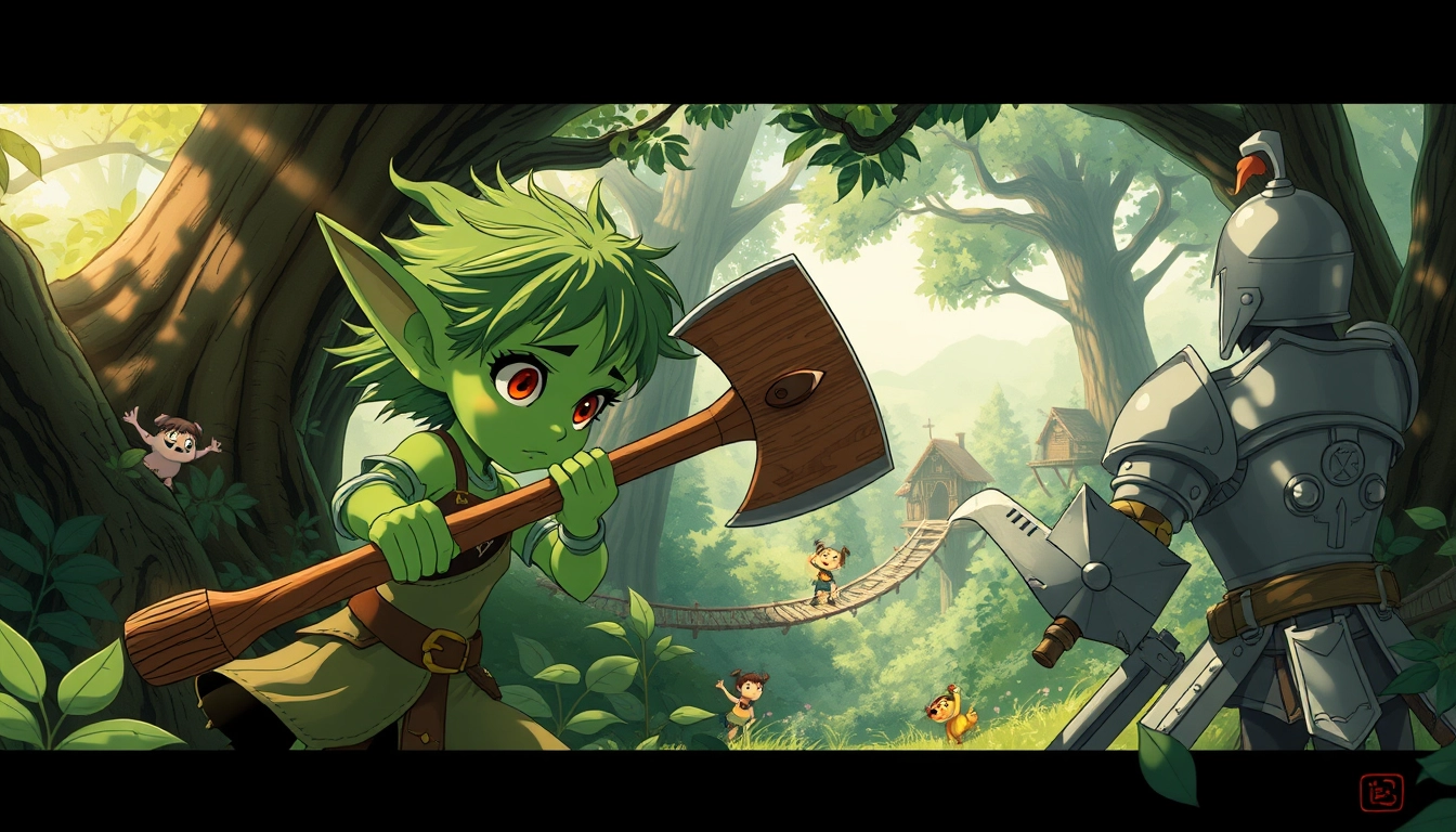 A whimsical forest scene in the style of Studio Ghibli. A beautiful goblin girl with emerald skin, large expressive eyes, and wild moss-green hair wields a rustic wooden axe. She faces off against a human female knight in shining silver armor. The goblin girl is gaining the upper hand, her movements nimble and determined. Sunlight filters through lush foliage, casting dappled shadows. Colorful forest spirits peek out from behind ancient trees, watching the confrontation with curiosity. The background features a distant treehouse village connected by rope bridges. Soft, earthy color palette with vibrant pops of magic. Flowing linework and ethereal atmosphere typical of Miyazaki's films.