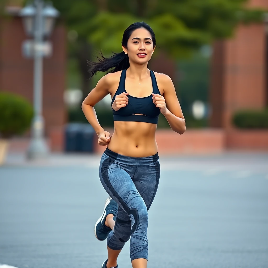 A Chinese woman running, wearing yoga pants and a sports bra.