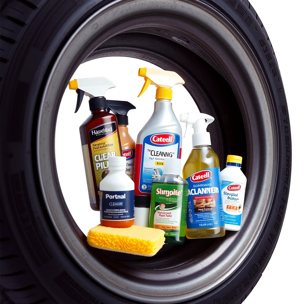 Product photography of various cleaning products placed on a car tire, including a yellow sponge, no logos or brand names, isolated on plain white background, Hasselblad, Kodak, Portra 800, photo taken from a slight angle.