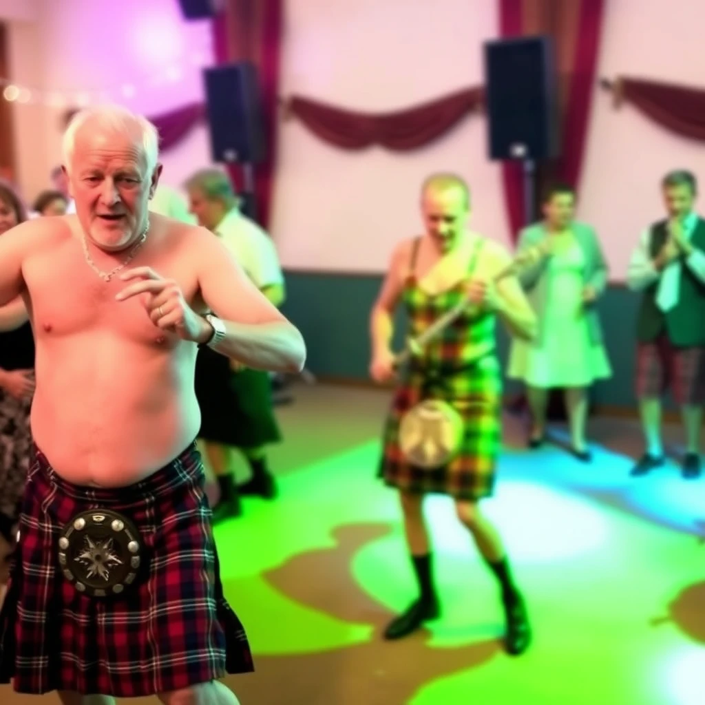 Old man in kilt and no shirt dances.